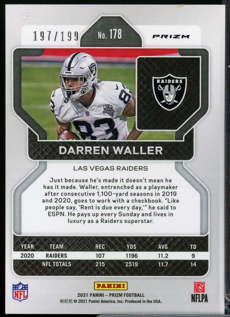 Darren Waller Card 2021 Panini Prizm Prizms Blue Wave #178  Image 2