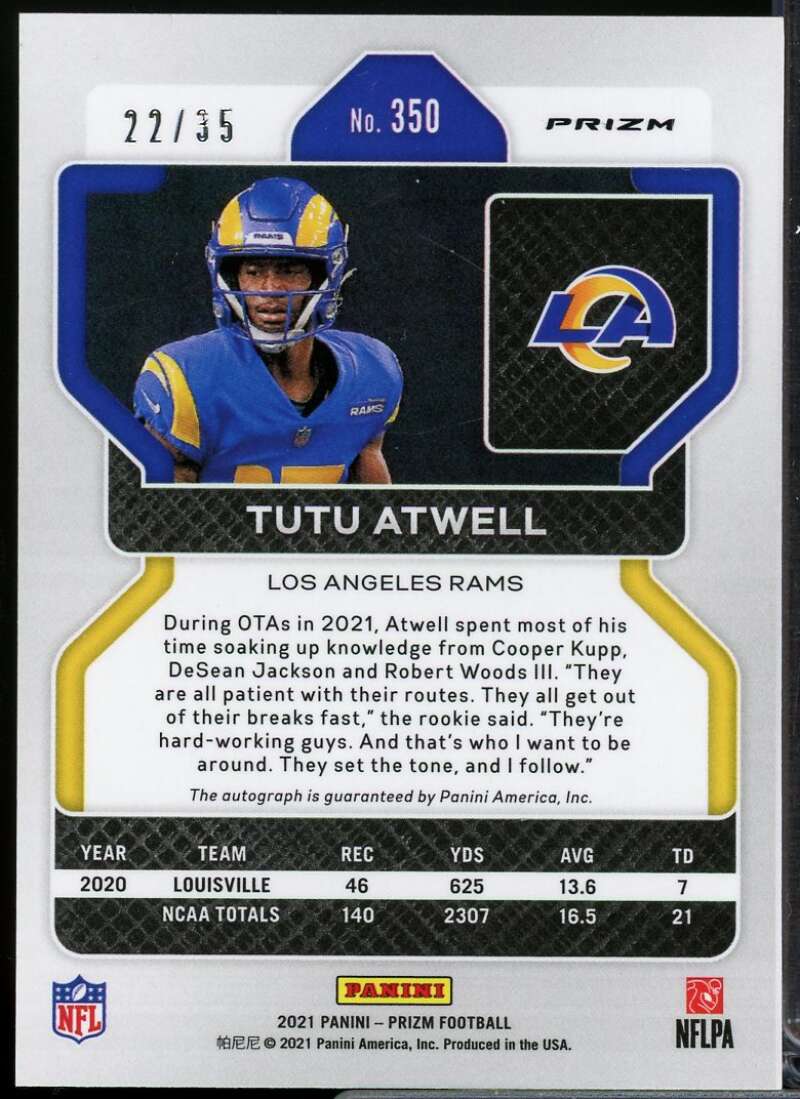 Tutu Atwell Rookie 2021 Panini Prizm Rookie Autographs Prizms Red Shimmer #350  Image 2