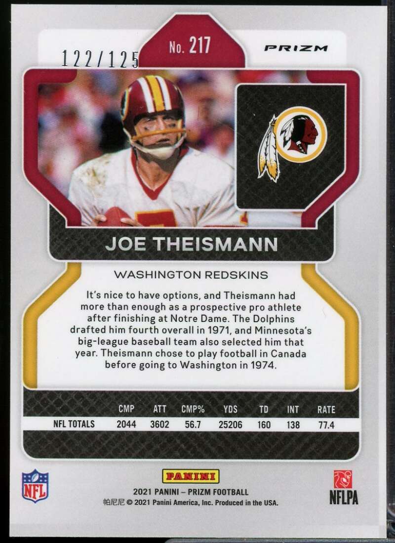 Joe Theismann Card 2021 Panini Prizm Prizms Purple #217  Image 2