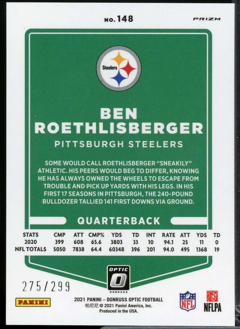 Ben Roethlisberger Card 2021 Donruss Optic Aqua #148  Image 2