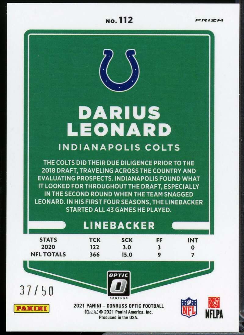 Darius Leonard Card 2021 Donruss Optic Purple #112  Image 2
