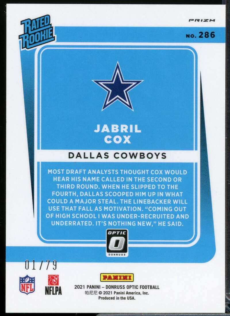 Jabril Cox Rookie Card 2021 Donruss Optic Pink Velocity #286  Image 2