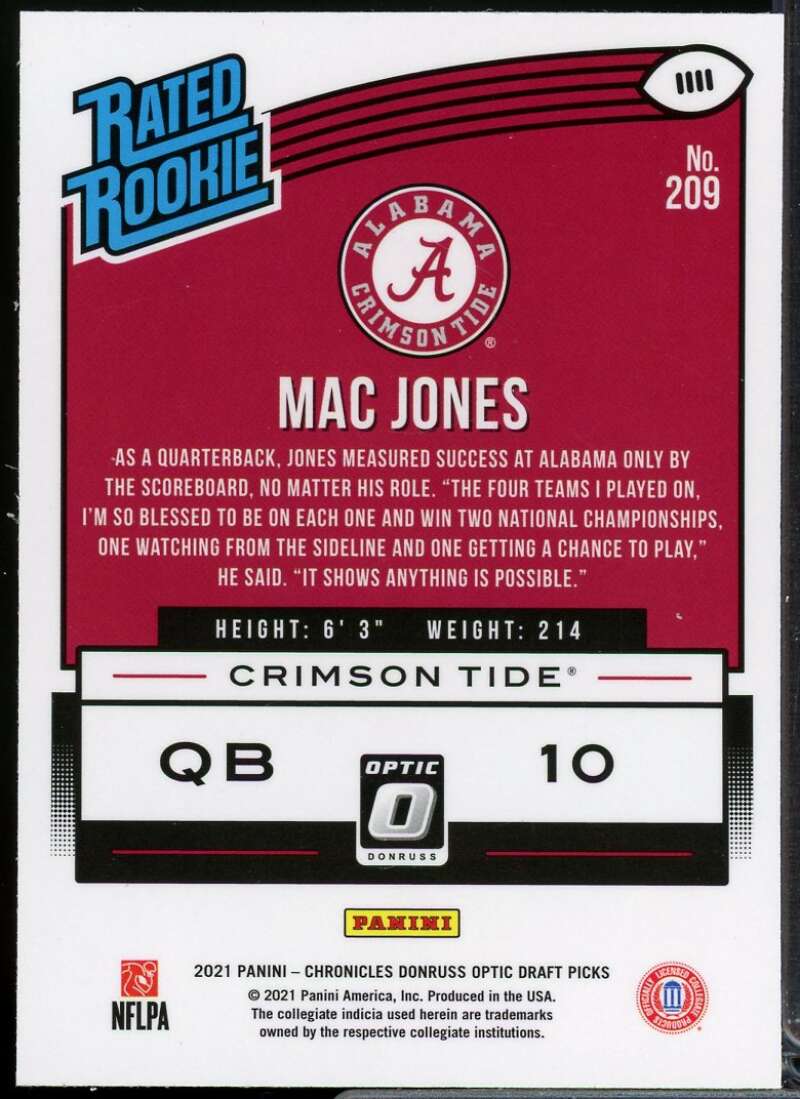 Mac Jones 2021 Panini Chronicles Draft Picks Donruss Optic Rated Rookies #209  Image 2
