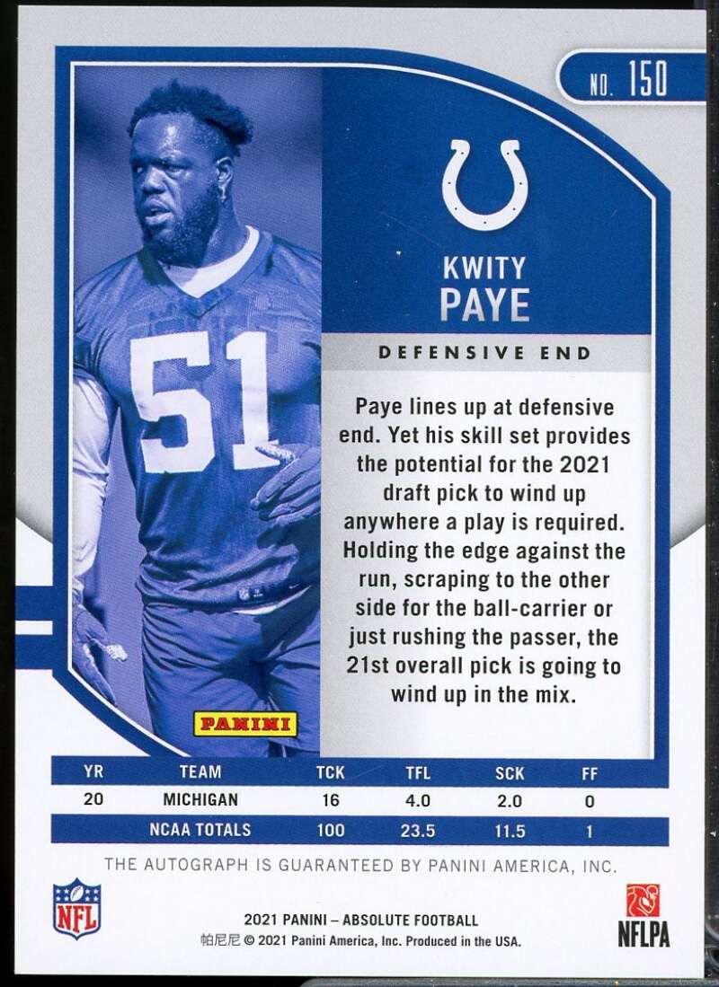 Kwity Paye Rookie Card 2021 Absolute Signature Rookies Red Squares #150  Image 2