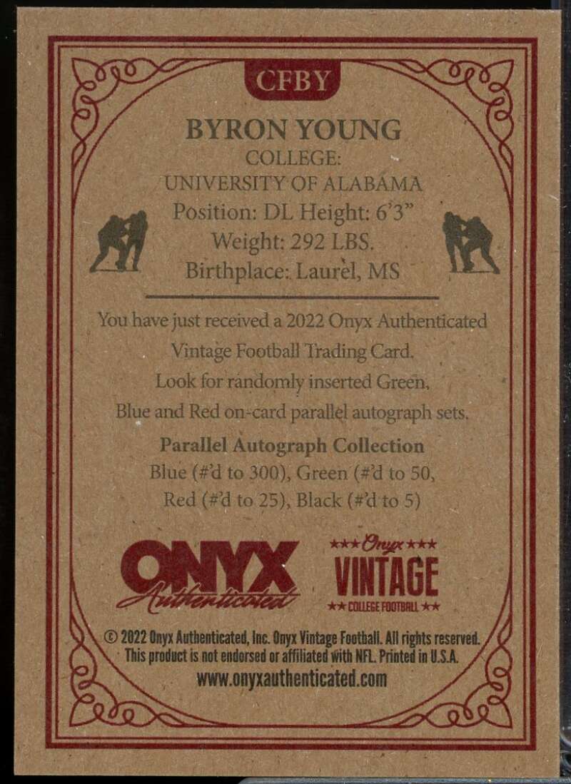 Byron Young Rookie Card 2022 Onyx Vintage College Football Base #CF-BY  Image 2