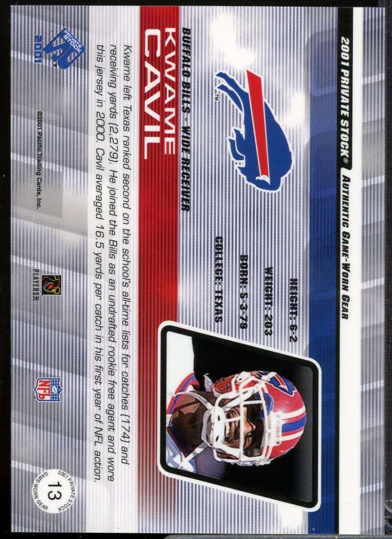 Kwame Cavil Card 2001 Private Stock Game Worn Gear #13  Image 2