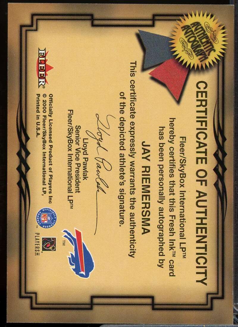 Jay Riemersma Card 2000 Fleer Tradition Autographics #125  Image 2