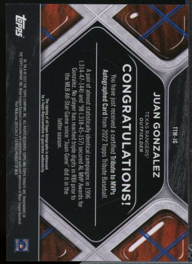 Juan Gonzalez /50 Card 2022 Topps Tribute Tribute to MVPs Autographs #TTMJG  Image 2