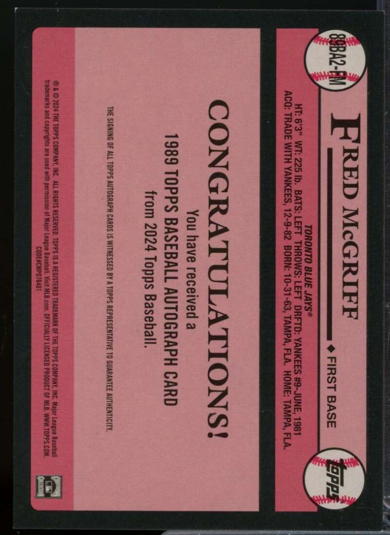 Fred McGriff Card 2024 Topps '89 Topps Autographs #89BA2FM  Image 2