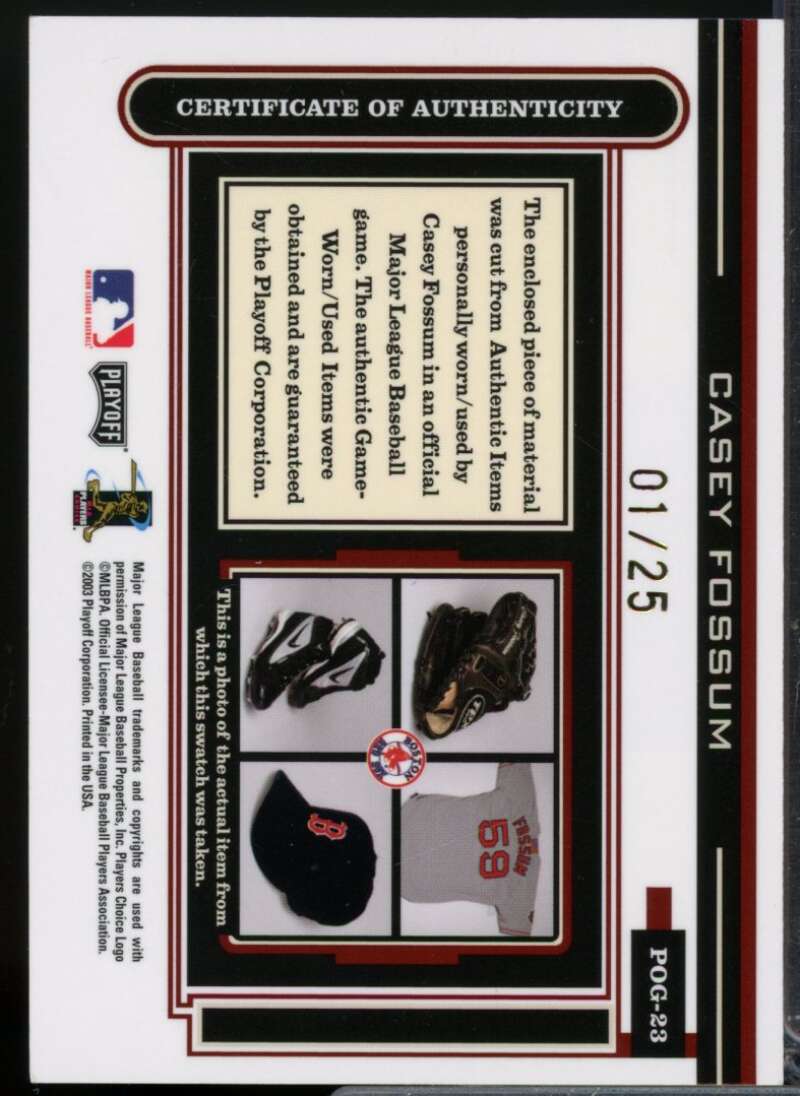 Casey Fossum Field Glove /25 Card 2003 Playoff Piece of the Game #POG23  Image 2