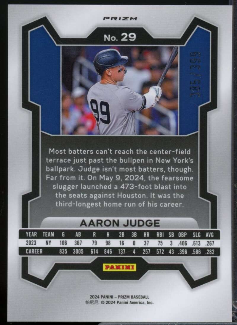 Aaron Judge /399 Card 2024 Panini Prizm Prizms Orange Pulsar #29  Image 2