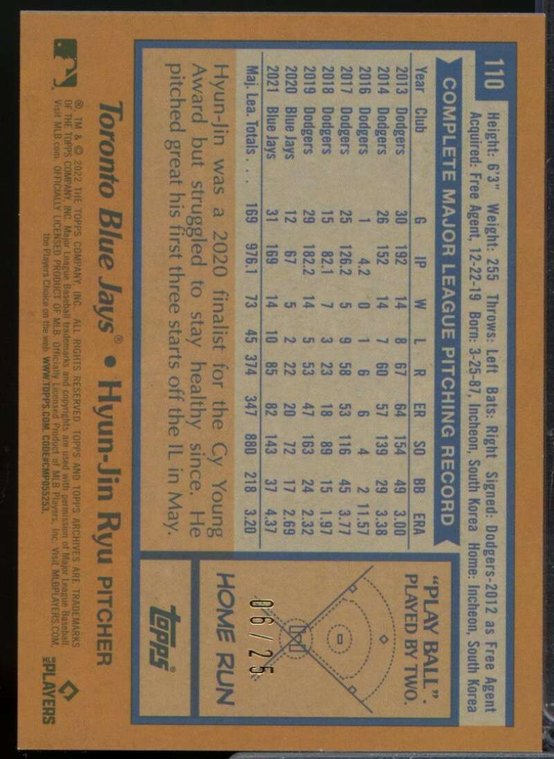 Hyun-Jin Ryu /25 Card 2022 Topps Archives Blue Foil #110  Image 2