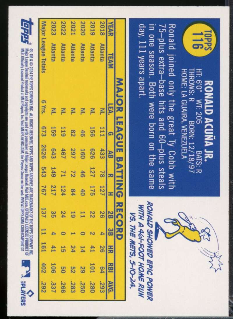 Ronald Acuna Jr. Card 2024 Topps Archives Yellow Foilboard #116  Image 2
