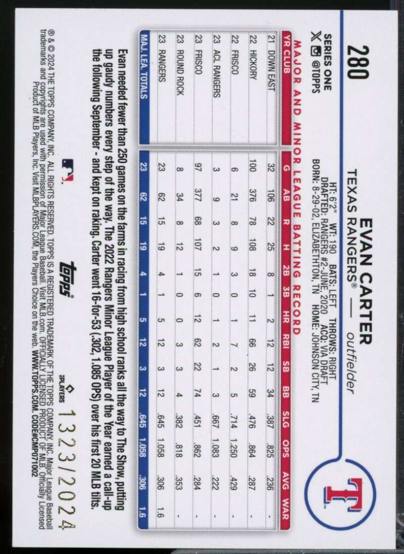 Evan Carter Rookie Card 2024 Topps Gold #280  Image 2
