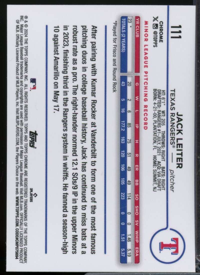 Jack Leiter Rookie Card 2024 Topps Chrome Prism Refractors #111  Image 2