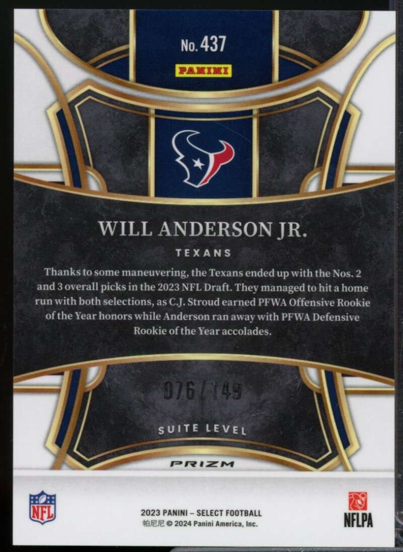 Will Anderson Jr. Rookie Card 2023 Select Prizm Tri Color #207  Image 2