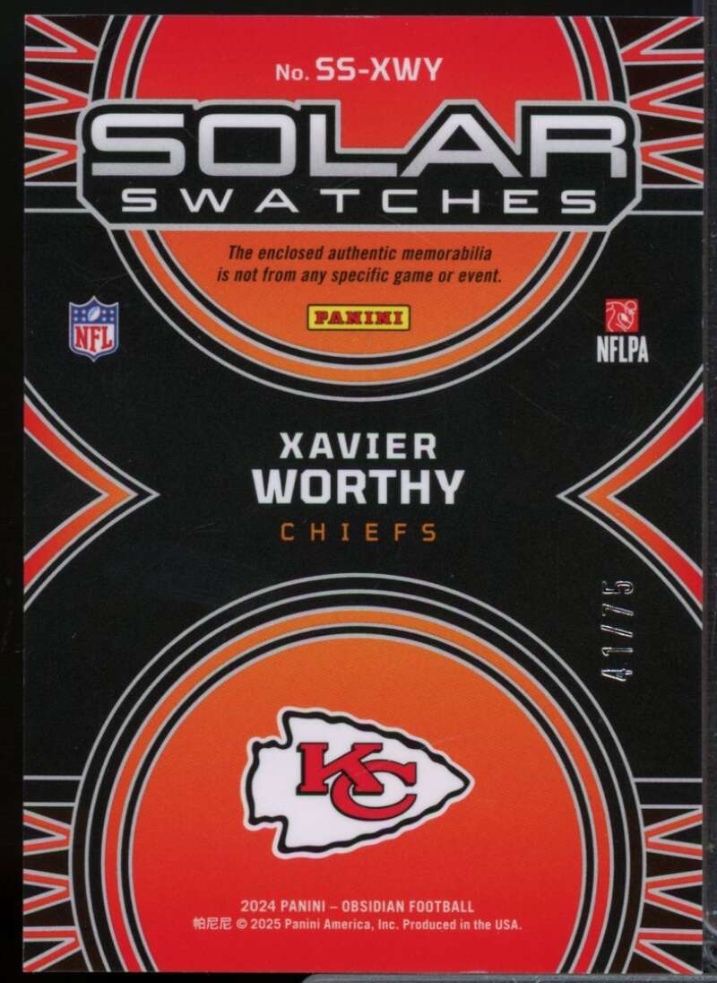 Xavier Worthy Rookie /75 Card 2024 Panini Obsidian Solar Swatches Jersey Red #7  Image 2