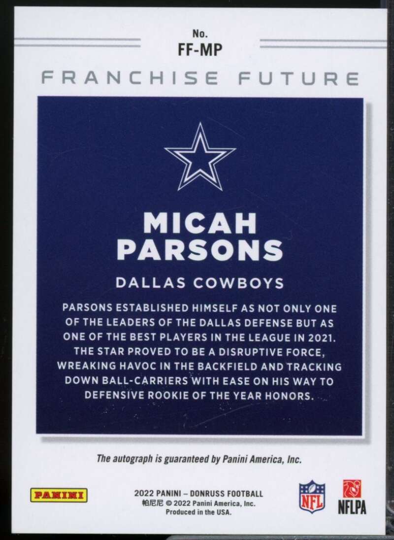 Micah Parsons /75 Card 2022 Donruss Franchise Future Autographs #9  Image 2