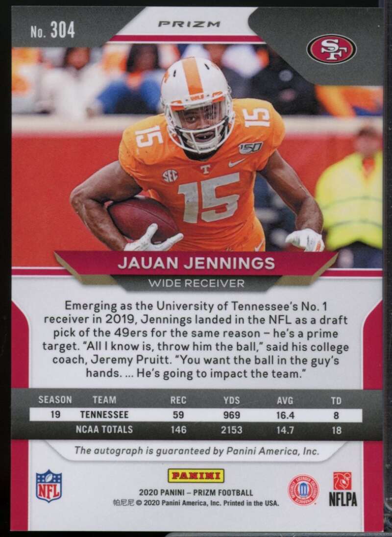 Jauan Jennings Card 2020 Panini Prizm Rookie Autographs Prizms Pink #304  Image 2