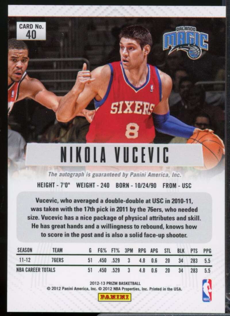 Nikola Vucevic Rookie Card 2012-13 Panini Prizm Autographs #40  Image 2