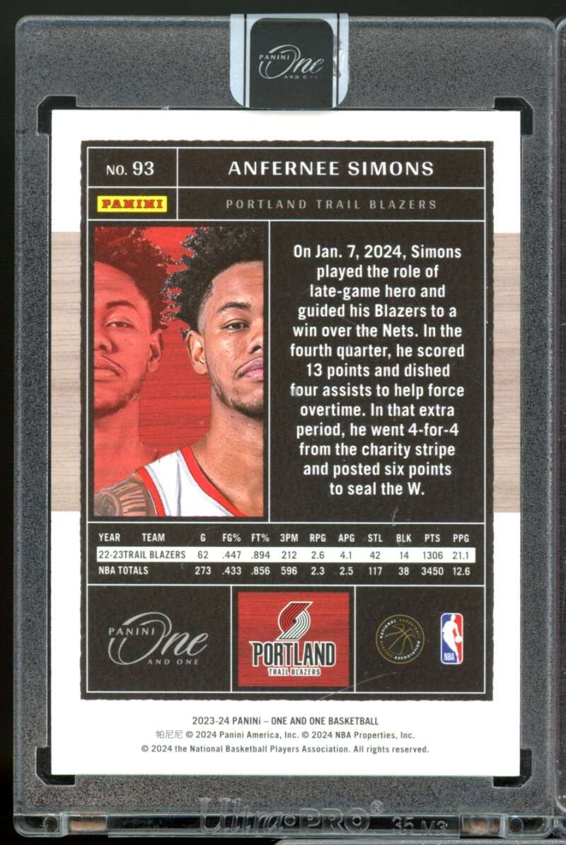 Anfernee Simons /99 Card 2023-24 Panini One and One #93  Image 2
