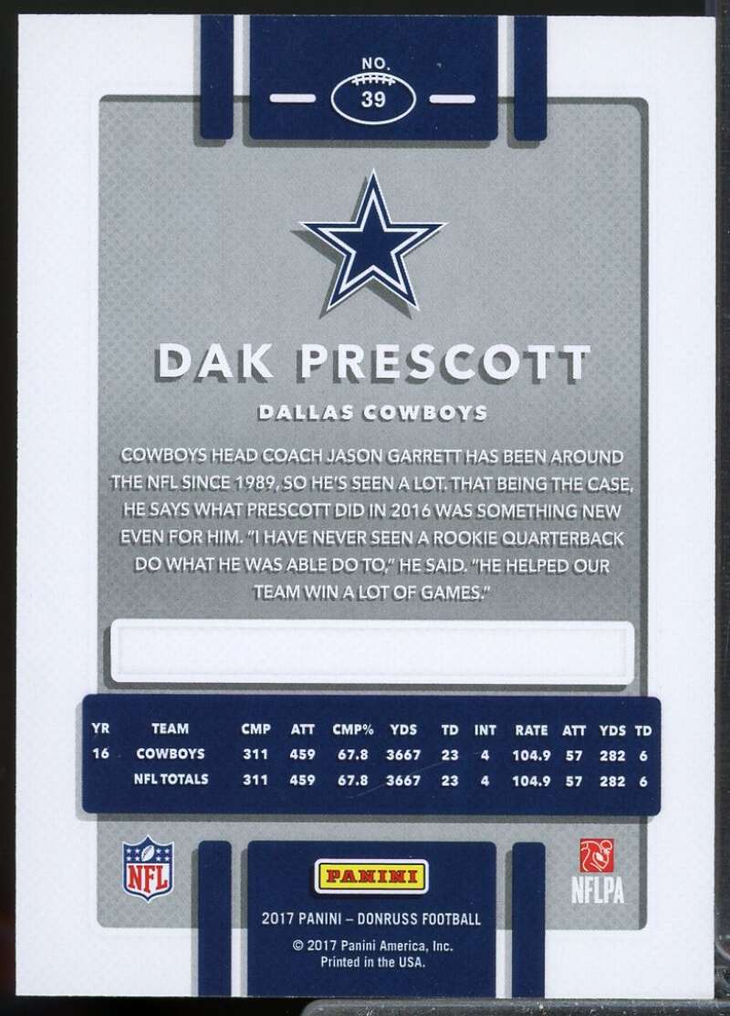 Dak Prescott Card 2017 Donruss Press Proofs Black /10 #39  Image 2