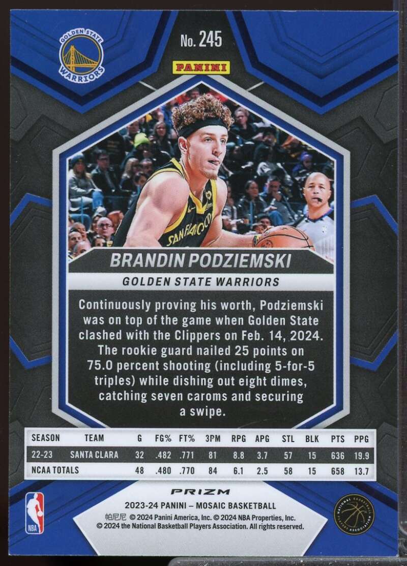 Brandin Podziemski Rookie Card 2023-24 Panini Mosaic Mosaic Green #245  Image 2