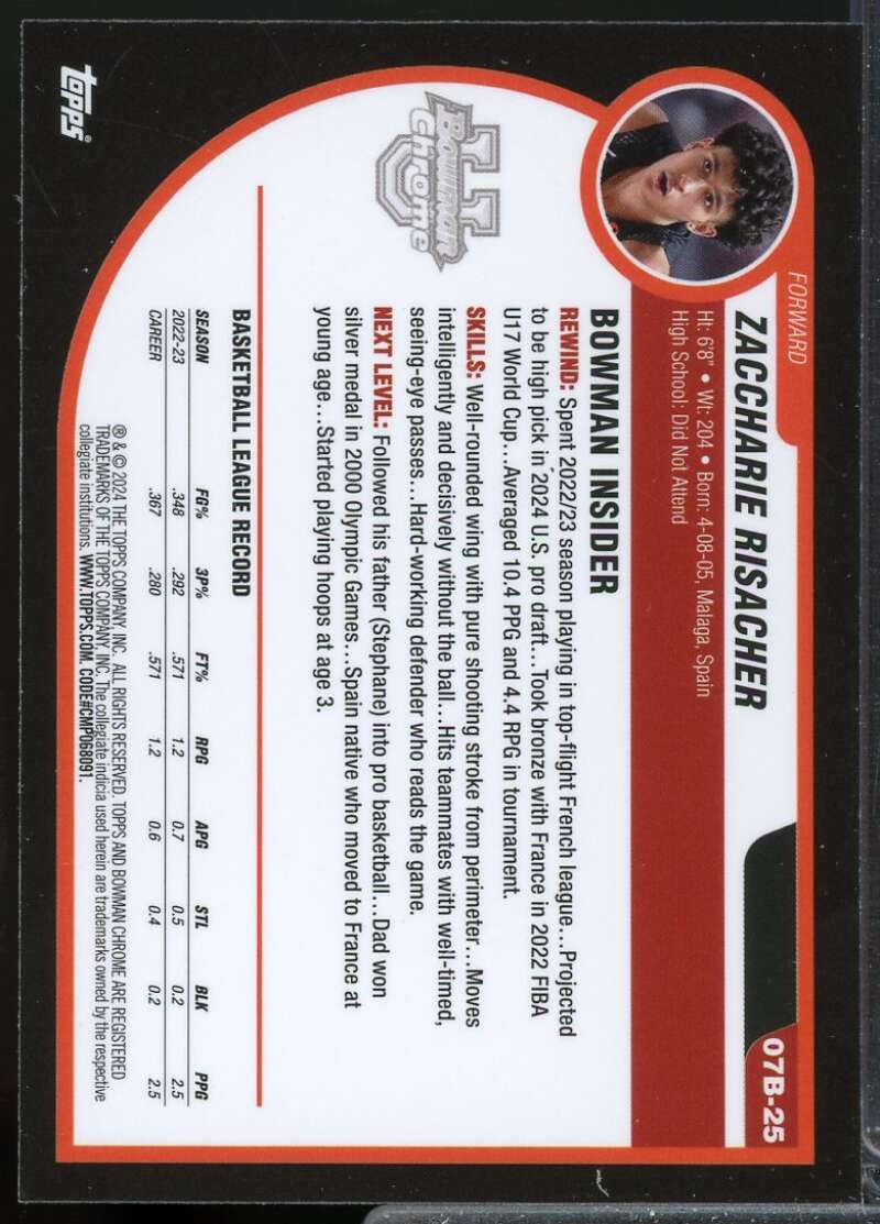 Zaccharie Risacher Rookie 2023-24 Bowman Chrome University '07-08 Bowman #07B25  Image 2