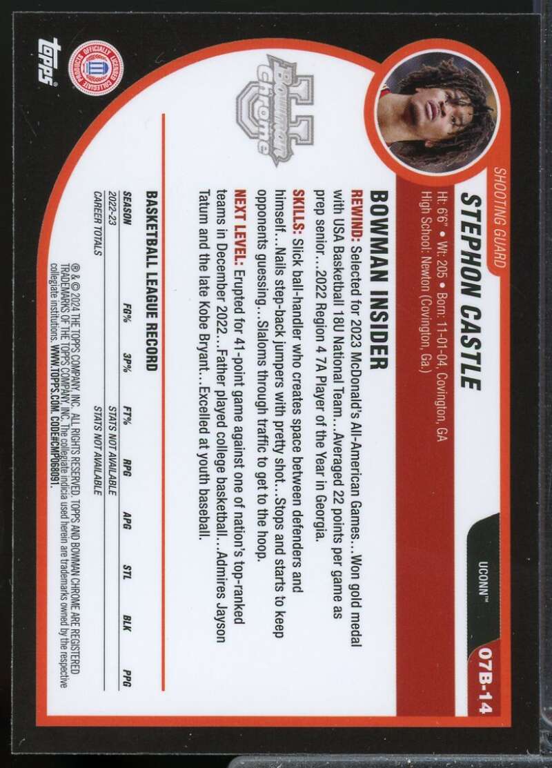 Stephon Castle Rookie 2023-24 Bowman Chrome University '07-08 Bowman #07B14  Image 2