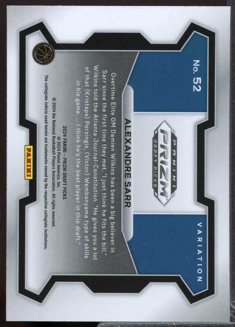 Alexandre Sarr Rookie Card 2024-25 Panini Prizm Draft Picks Variation #52  Image 2