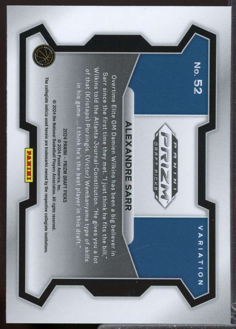 Alexandre Sarr Rookie Card 2024-25 Panini Prizm Draft Picks Variation #52  Image 2