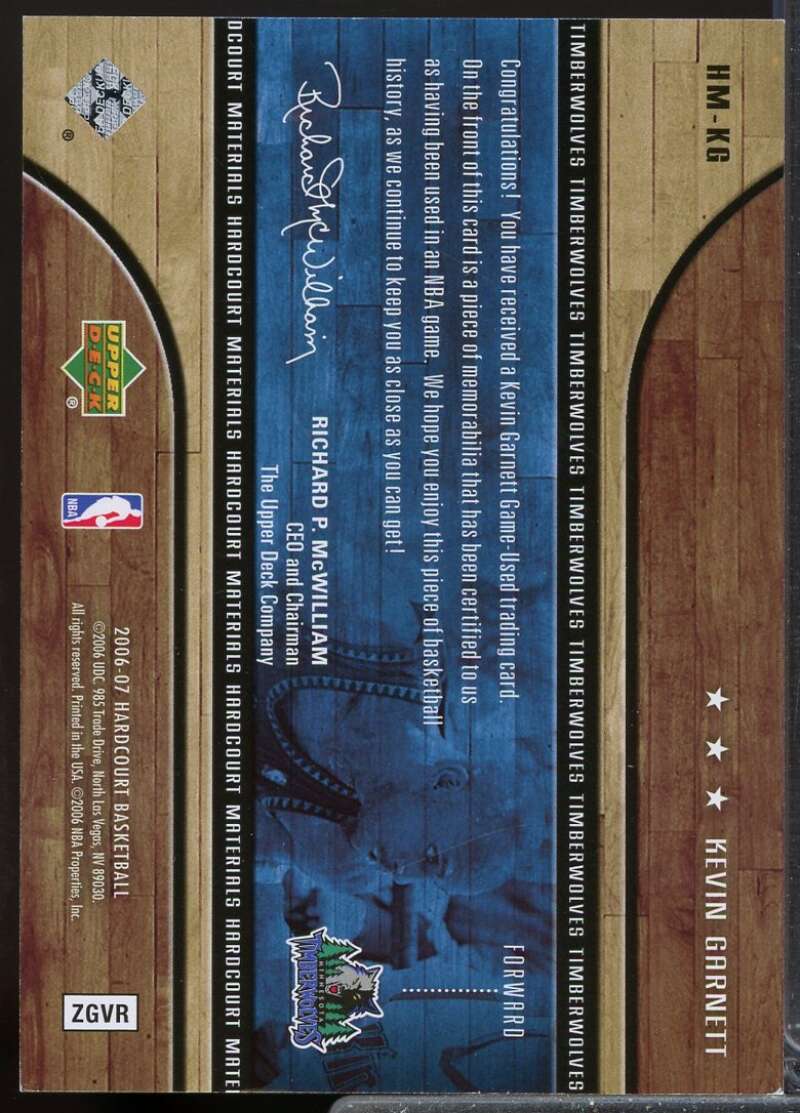 Kevin Garnett Card 2006-07 Upper Deck Hardcourt Jersey Materials #KG  Image 2
