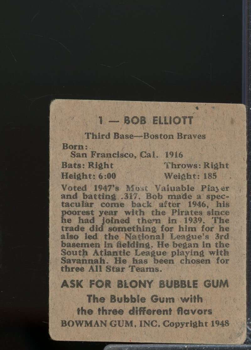 Bob Elliott Rookie (VG condition) Card 1948 Bowman #1  Image 4