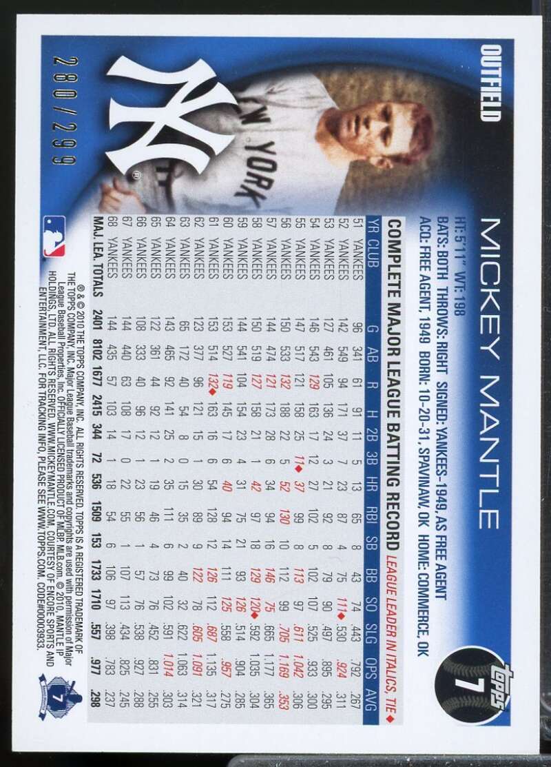 Mickey Mantle Card 2010 Topps Red Border /299 #7  Image 4