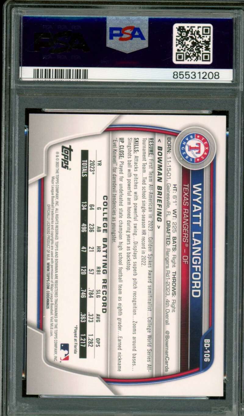 Wyatt Langford Rookie Card 2023 Bowman Draft #BD106 PSA 9 (Holder Scratches) Image 2