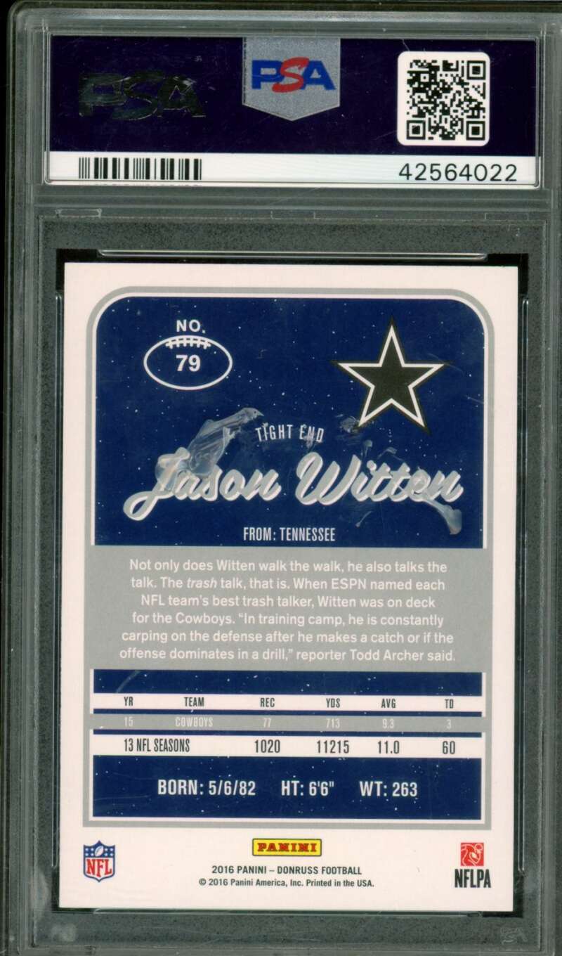 Jason Witten Card 2016 Panini Donruss #79 PSA 10 (Holder Scratches) Image 2