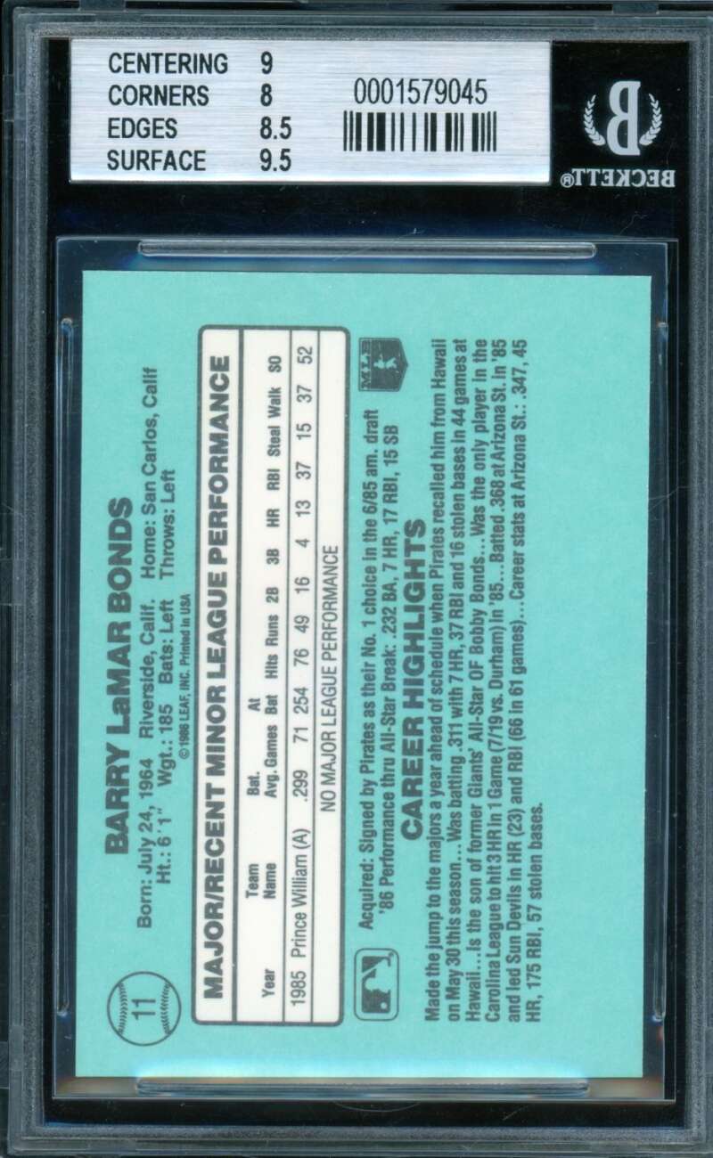 Barry Bonds Rookie Card 1986 Donruss Rookies #11 BGS 8.5 Image 2