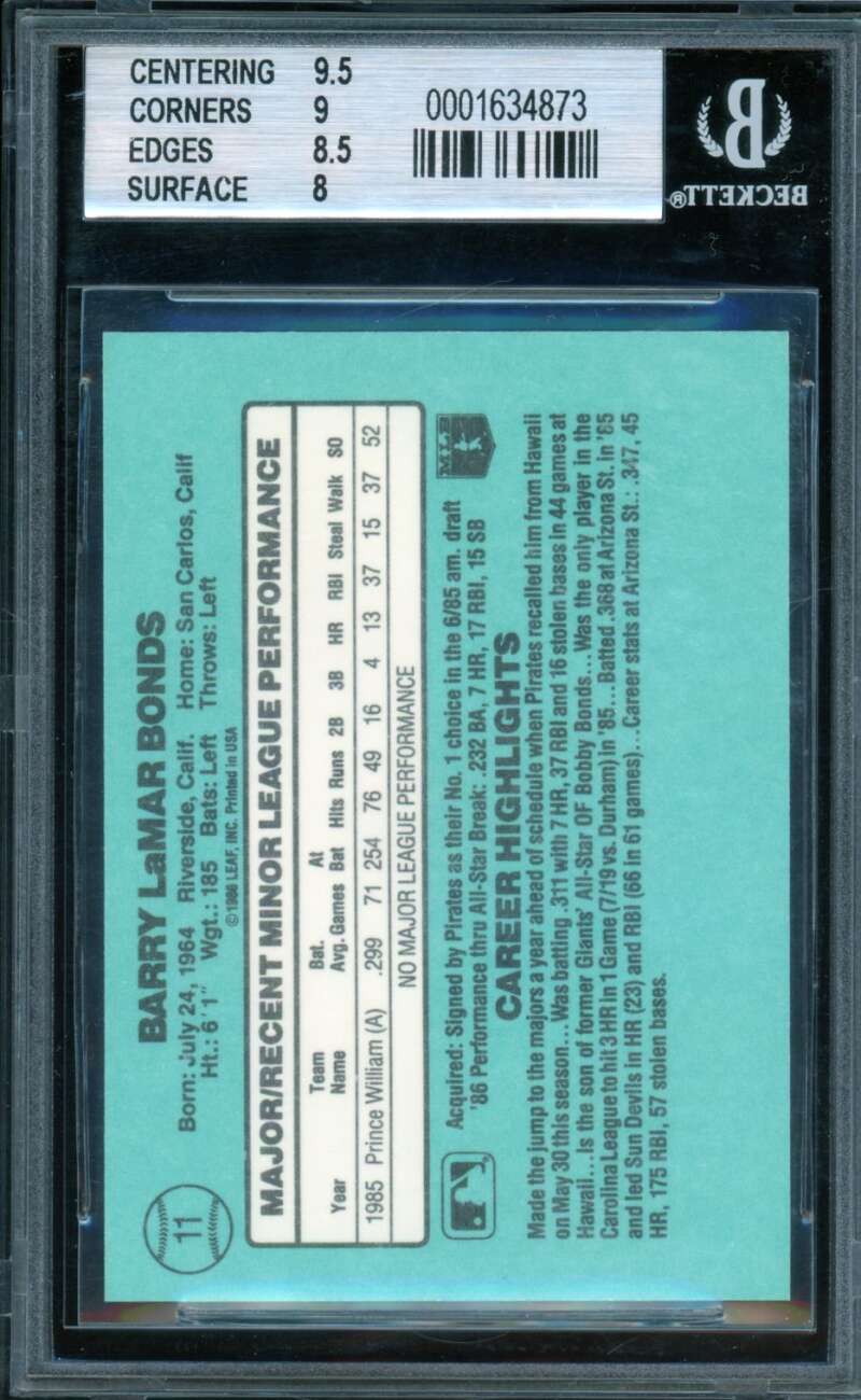 Barry Bonds Rookie Card 1986 Donruss Rookies #11 BGS 8.5 Image 2