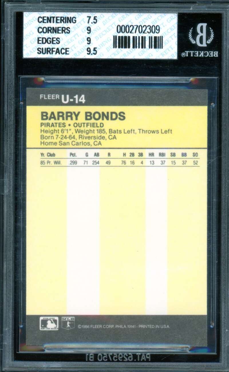 Barry Bonds Rookie Card 1986 Fleer Update #14 BGS 8 Image 2