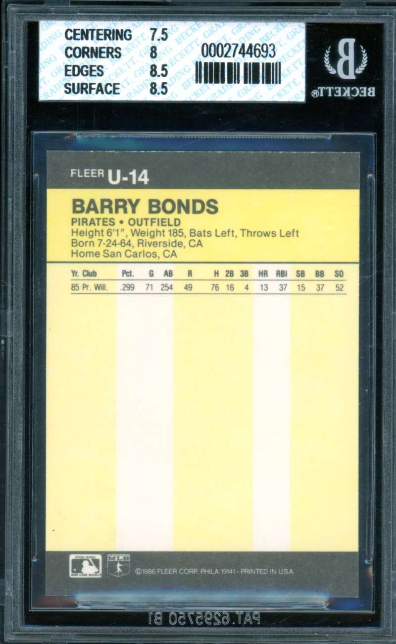 Barry Bonds Rookie Card 1986 Fleer Update #14 BGS 8 Image 2