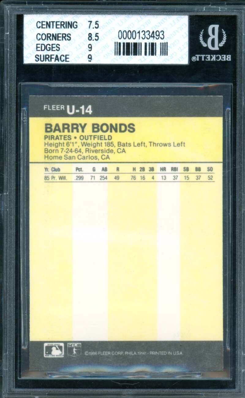 Barry Bonds Rookie Card 1986 Fleer Update #14 BGS 8 Image 2