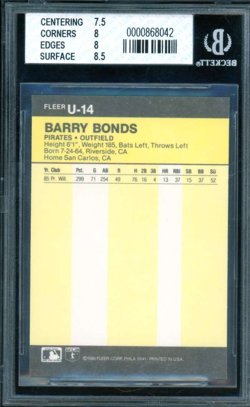 Barry Bonds Rookie Card 1986 Fleer Update #14 BGS 8 Image 2