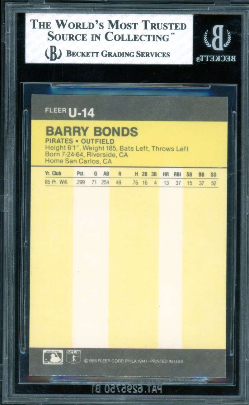 Barry Bonds Rookie Card 1986 Fleer Update #14 BGS 8 Image 2
