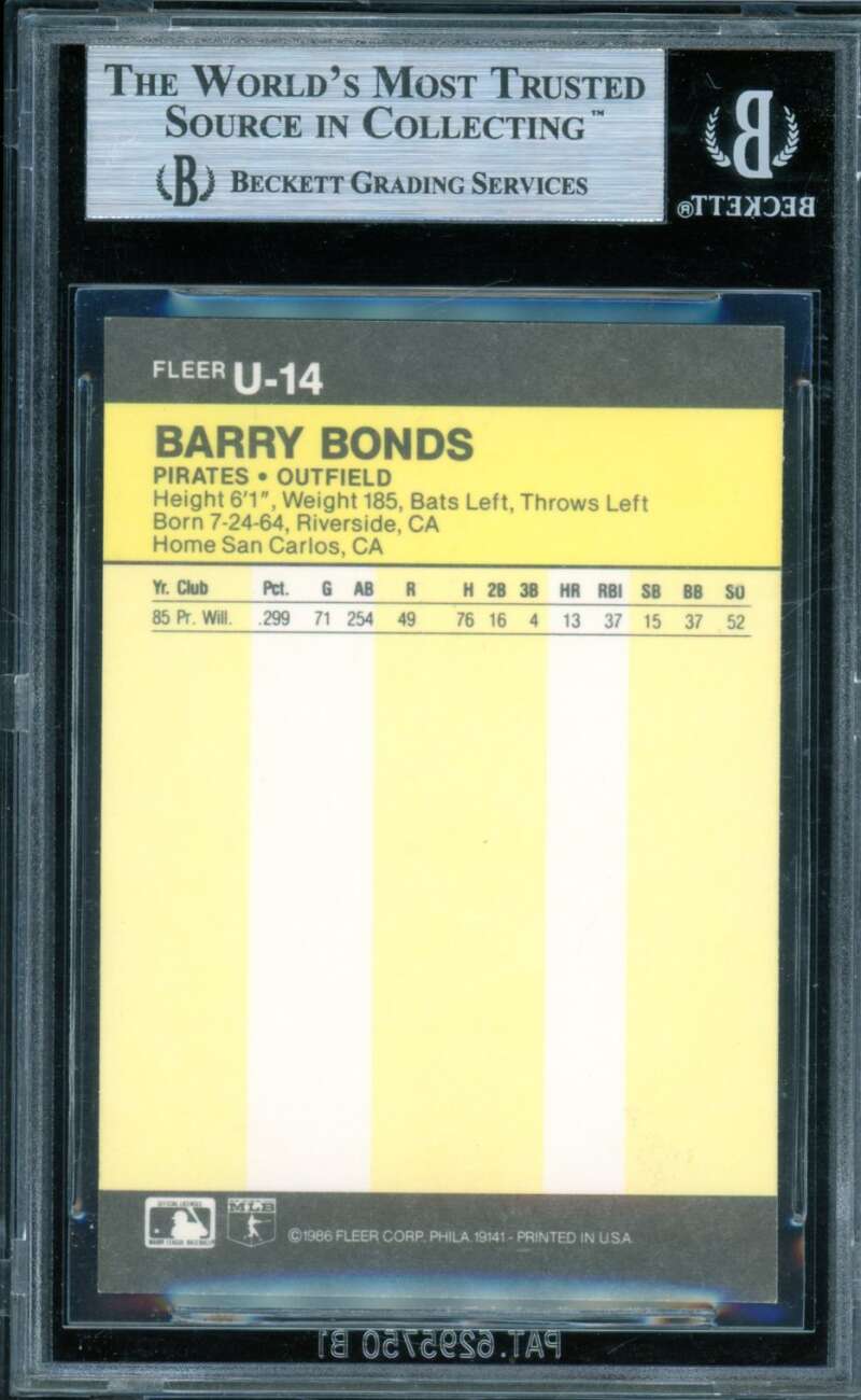 Barry Bonds Rookie Card 1986 Fleer Update #14 BGS 8.5 Image 2