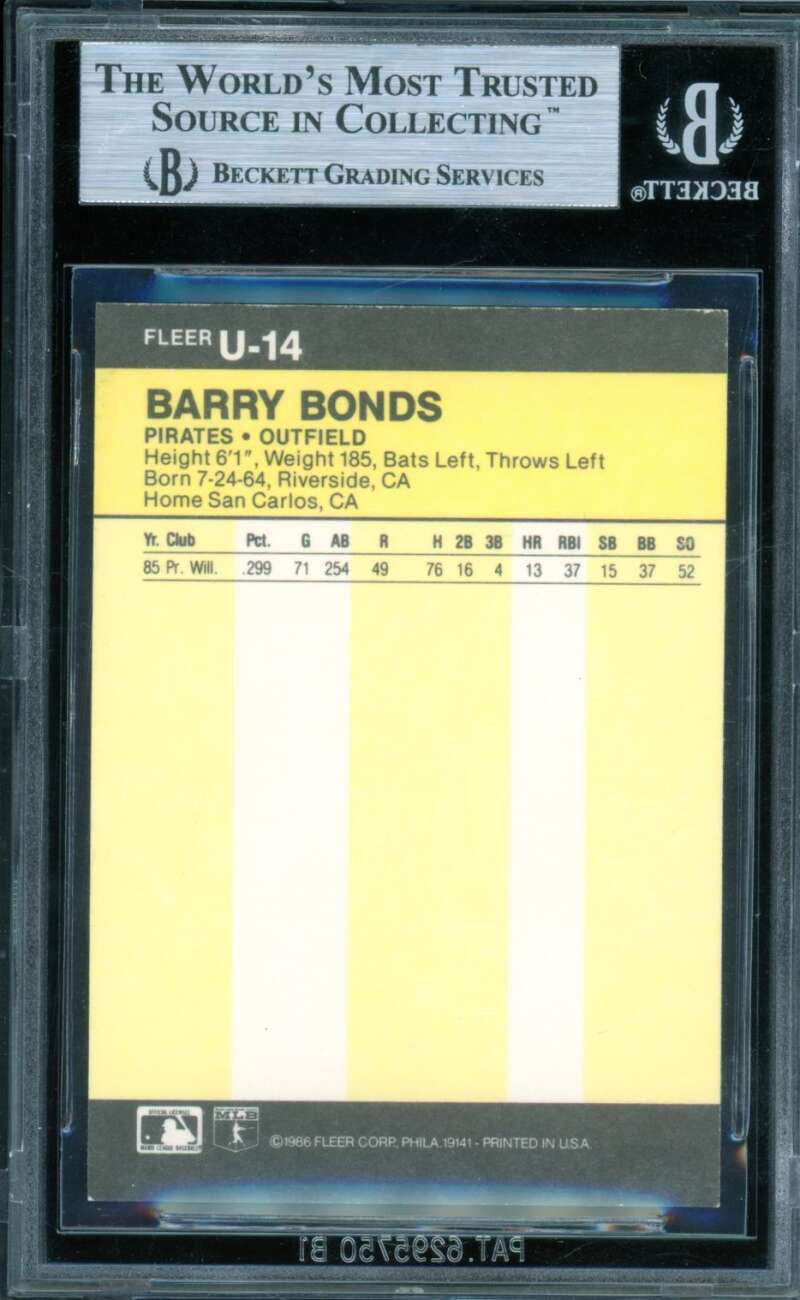Barry Bonds Rookie Card 1986 Fleer Update #14 BGS 8.5 Image 2