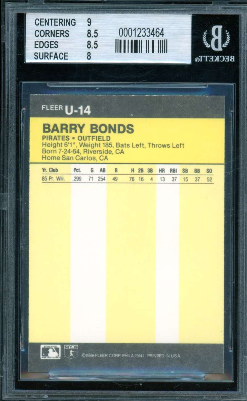Barry Bonds Rookie Card 1986 Fleer Update #14 BGS 8.5 Image 2
