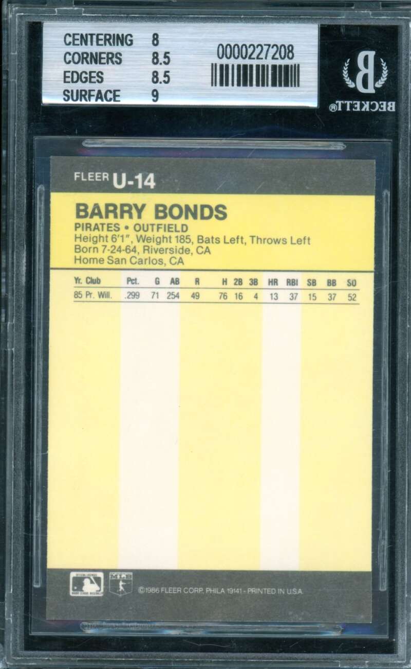 Barry Bonds Rookie Card 1986 Fleer Update #14 BGS 8.5 Image 2