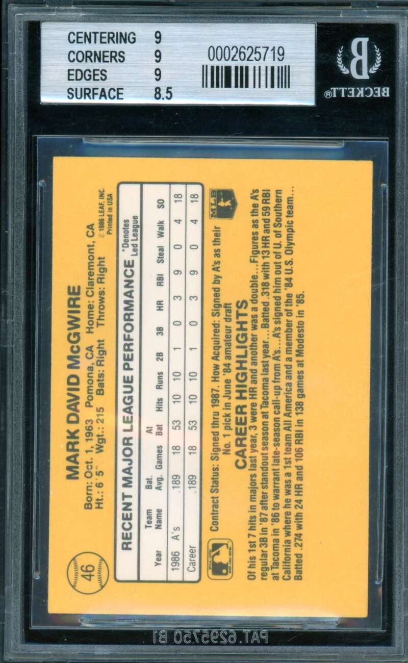 Mark McGwire Rookie Card 1987 Donruss #46 BGS 9 Image 2
