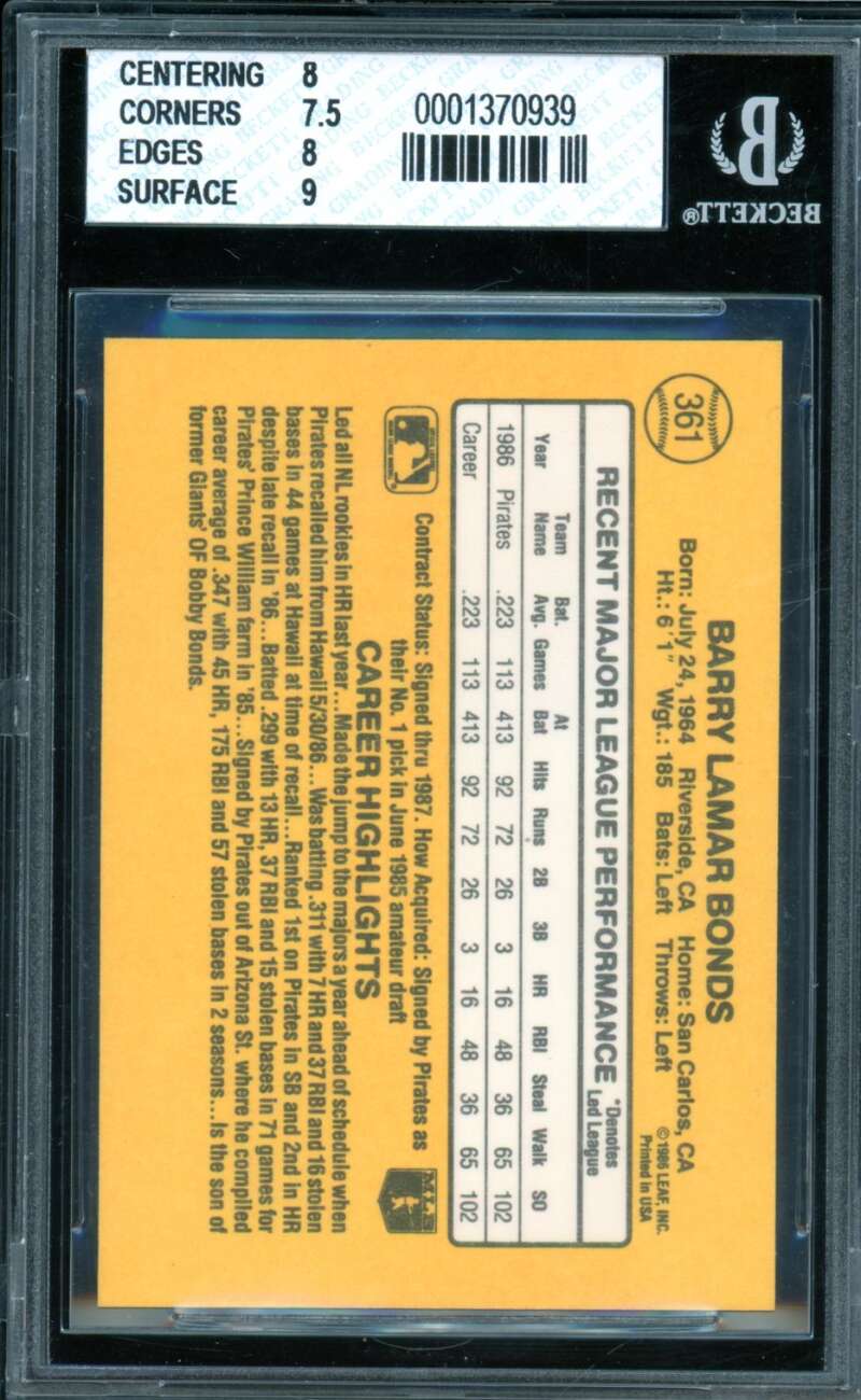 Barry Bonds Rookie Card 1987 Donruss #361 BGS 8 Image 2
