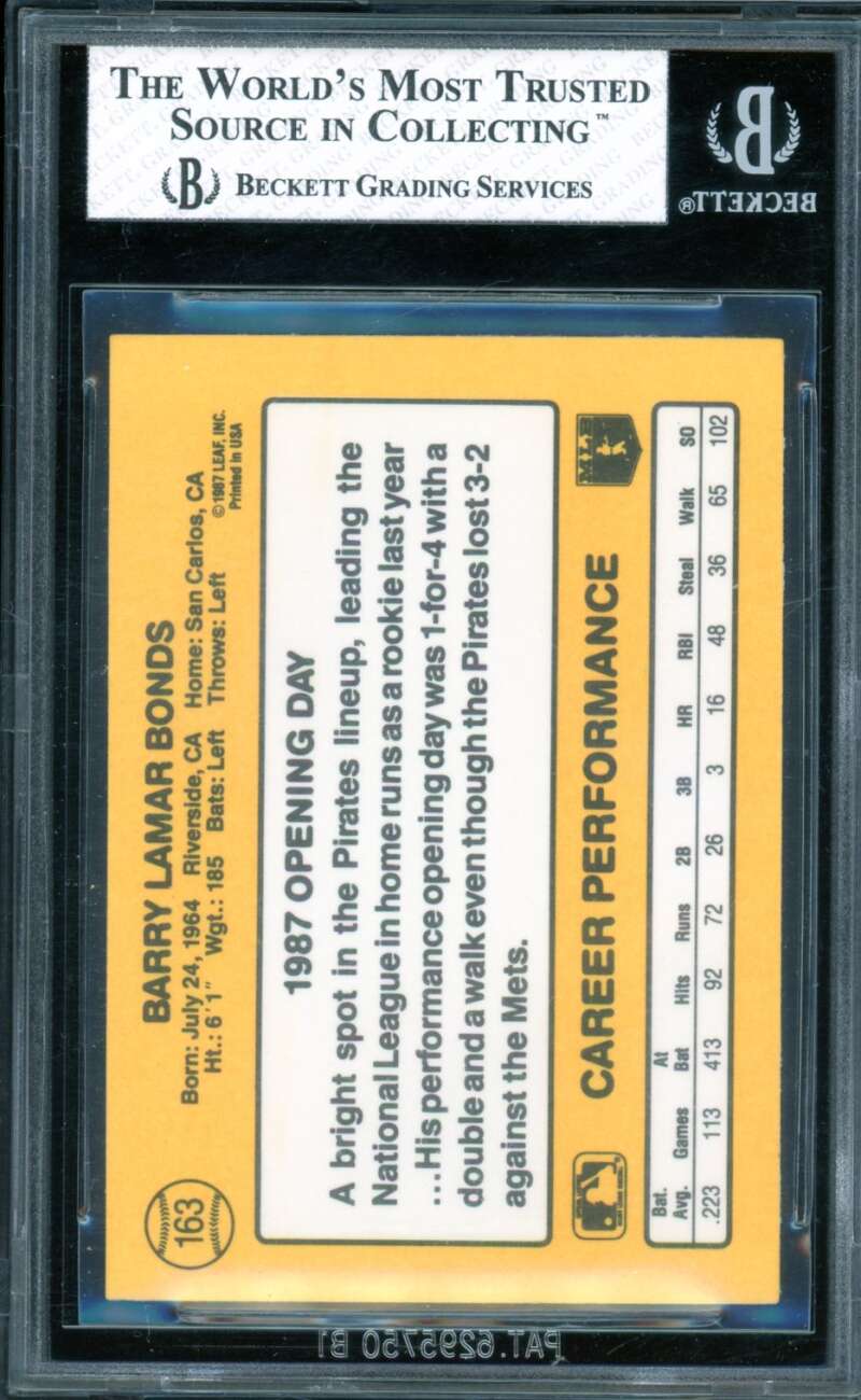 Barry Bonds Rookie Card 1987 Donruss Opening Day #163B BGS 8 Image 2